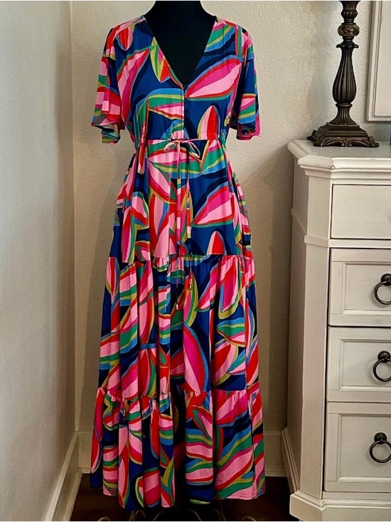 White Closet Dresses & Skirts - White Closet Elements Abstract Multicolor Floral Maxi Dress Pink Blue Size Small